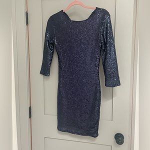3/4 sleeve sequence navy blue mini dress